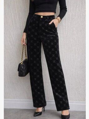 Black Velvet Monogram Wide Leg Pants Gold Button Luxury Style